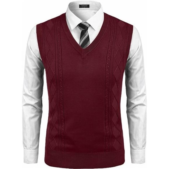 SWEATER Vest For Men Sleeveless V Neck, Wine Red - Picture 1 of 6